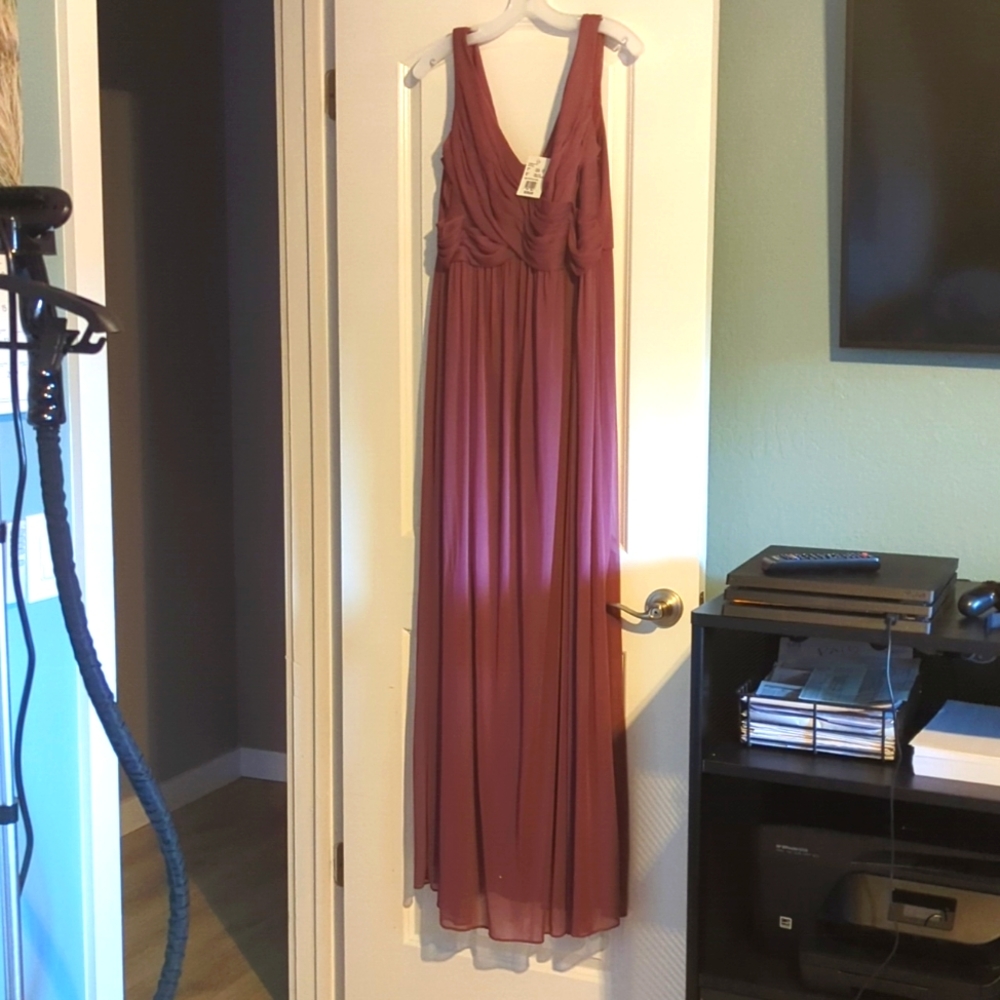 David's Bridal Long Mesh Dress with Cowl Back in Chianti